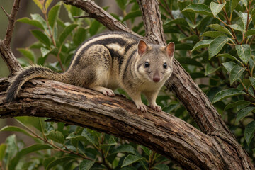 Naklejka premium Striped possum rests on tree branch. Cute quoll climbs woody trunk in green bush. Small marsupial looks around with interest. Wildlife fauna in natural habitat habitat outdoors.