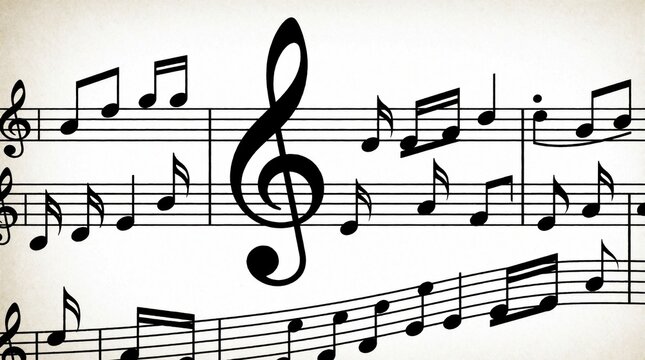 Sheet music with treble clef, notes arranged across music staff lines with rhythmic notation patterns. Close-up view of melodic composition with focus on musical symbols, written passages. Clean