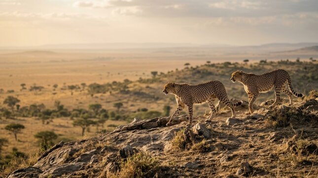 Two Cheetahs surveying the vast African savanna landscape at sunrise.