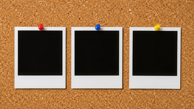 Vintage instant photo frames pinned to cork board, blank polaroid film mockups with colorful push pins, nostalgic memory board display