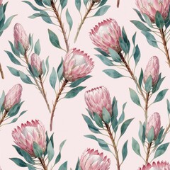 Obraz premium Pink protea flowers and buds with green leaves create repeating pattern on light pink background. Delicate botanical design offers soft, romantic, and serene aesthetic for various creative projects.