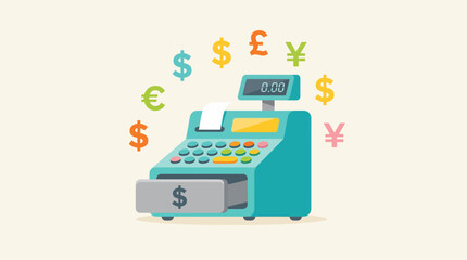 Naklejka premium Modern electronic cash register with global currency symbols floating around.