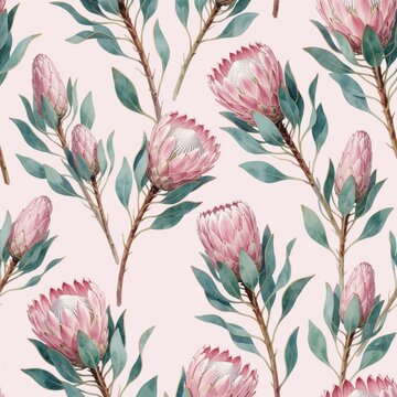 Pink protea flowers and buds with green leaves create repeating pattern on light pink background. Delicate botanical design offers soft, romantic, and serene aesthetic for various creative projects.