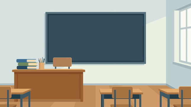Empty classroom interior with wooden desks and a large blackboard.