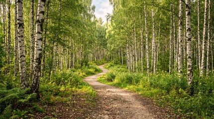 Obraz premium Tranquil pathway winding through birch trees in a vibrant green forest setting
