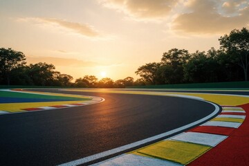 Fototapeta premium Race track curve at sunrise with colorful markings and trees in background. Asphalt road with yellow and red borders under warm golden sky. Motoring sport speed challenge.