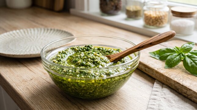 Delicious homemade basil pesto sauce served in a glass bowl on a rustic wooden table