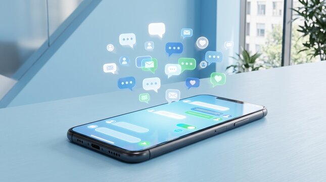 Smartphone displaying messaging app with floating chat bubbles in a modern interior