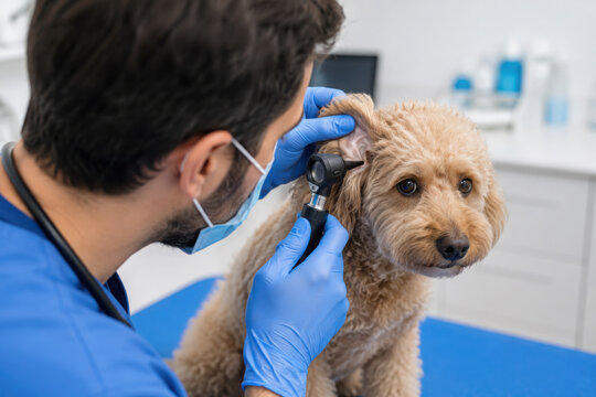 Veterinarian checking poodle dog ear during checkup