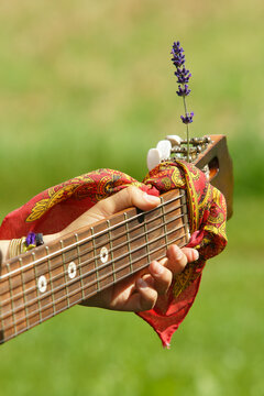 Closeup of hand tuning acoustic guitar headstock with fabric tied and lavender stem outdoors, with guitar, headstock, hand, tuning detail, showing string, fretboard, wood, fabric context