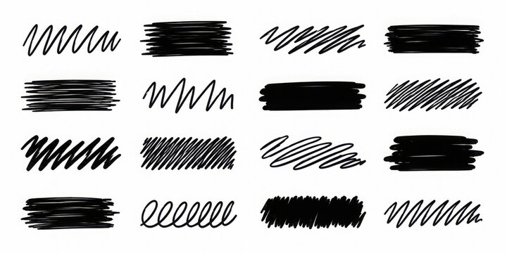 Black scribble marker set with hand drawn censor strokes, messy doodle lines and rough ink scratch elements for annotation, text cover, editing, notes, markup and social media content vector art pack.