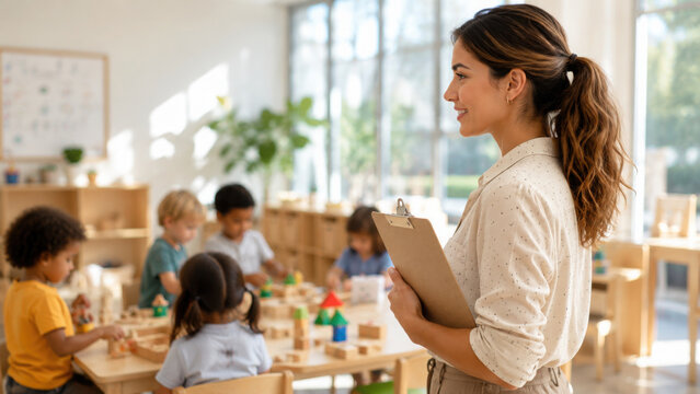Smiling teacher observes and guides diverse young children engaged in learning activities in a bright preschool classroom.