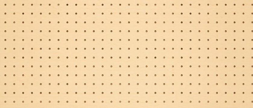 Beige pegboard texture with tiny peg holes and perforated wood grain. Empty plywood board background in neutral brown paper tone. Simple vector pegboard pattern with round dots for textile design