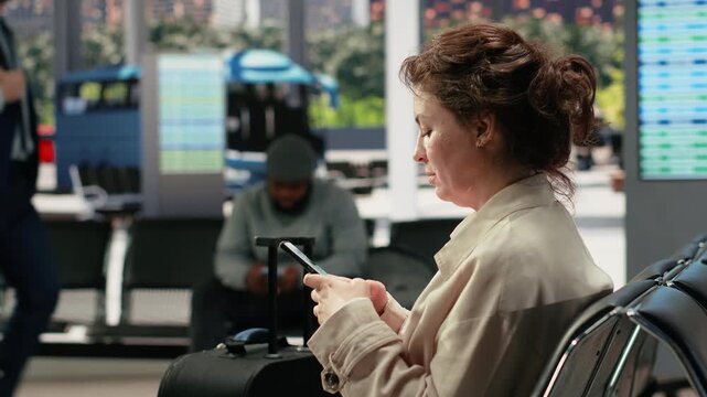 Smiling woman texts on a touchscreen smartphone in a bus station while waiting for an intercity coach connection, chatting online with friends on her mobile phone before departure.