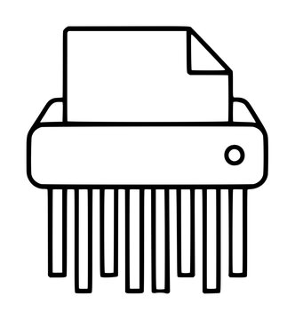 Minimalist black and white vector icon illustration of a document shredder machine destroying a confidential paper file into thin strips for privacy protection and secure office data disposal.