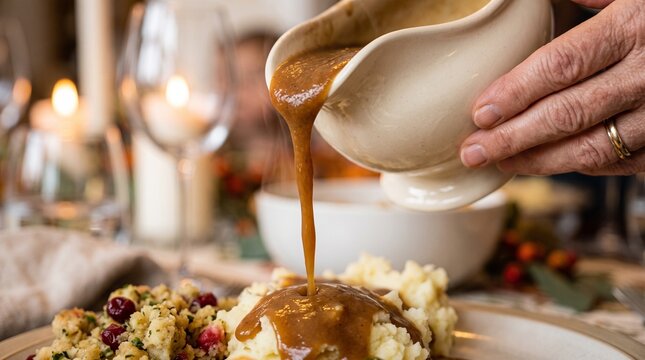 Pouring rich savory gravy over fluffy mashed potatoes and cranberry stuffing for a festive Thanksgiving meal