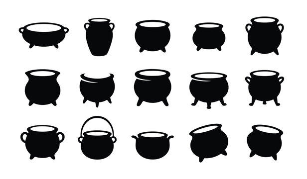 Set of black cauldron pot icons for magic and cooking