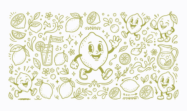 Vintage lemon fruit cartoon mascot character lemonade stand doodle set vector illustration