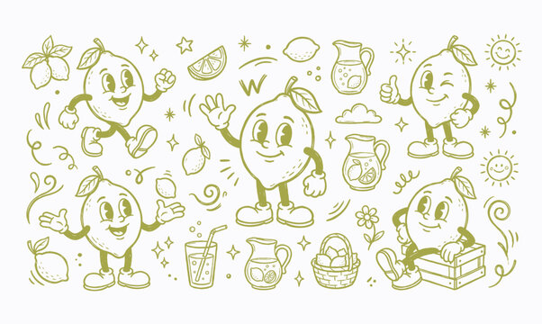 Vintage lemon fruit cartoon mascot character lemonade stand doodle set vector illustration