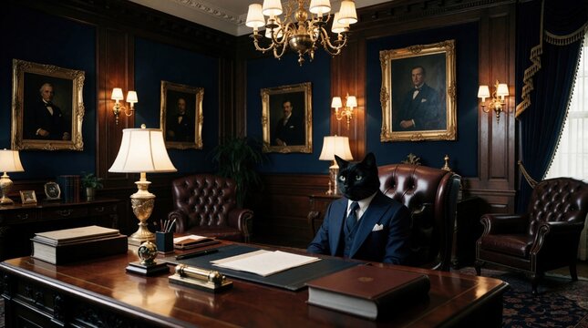 Black cat in business suit sits at desk in opulent office. Vintage decor, portraits on wall, dark ambiance suggests corporate power, maybe appointment.