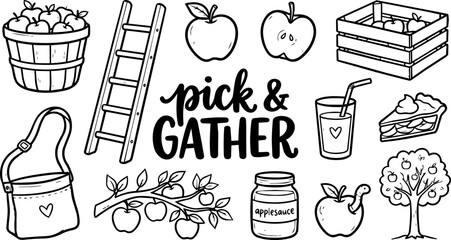 Fototapeta premium Apple Picking Doodle Set autumn vector line art on white background