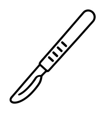 Professional surgical scalpel vector icon for medical and healthcare applications. This minimalist black line illustration of a sharp surgical knife or lancet is perfect for hospital designs.