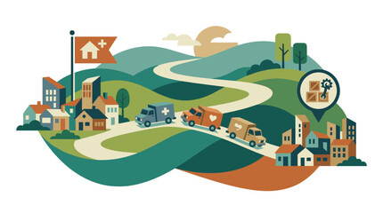 Fototapeta premium Humanitarian aid trucks delivering medical supplies through a stylized landscape connecting urban and rural community settlements