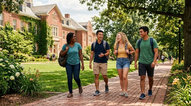 Diverse group of four smiling college students with backpacks walking together on sunlit brick campus pathway lined with greenery and brick buildings
