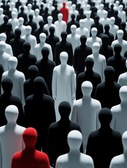 Obraz premium Surreal illustration of many faceless people in crowd. Black, white figures stand together in large group. One bright red person stands out among others. Concept shows individuality, social