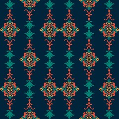 Elegant damask pattern with floral motifs in teal, orange, and gold © kee