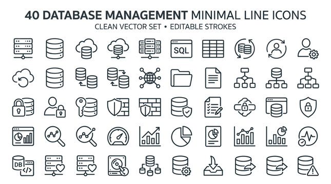 40 Database Management Minimal Line Icons Clean Vector Set Editable Strokes
