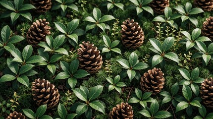 Obraz premium Close-up of green leaves and pine cones on forest floor. Natural scene with eco-friendly concept for relaxation use. Serene and stunning views of serene setting.