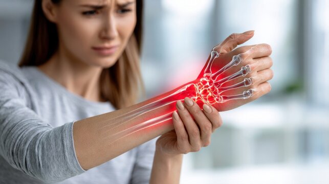 Woman experiencing wrist pain with highlighted wrist bones and joints in red indicating inflammation or injury and showing discomfort and concern