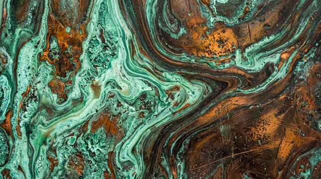 Oxidized Copper Patina Texture with Green Fluid Swirls