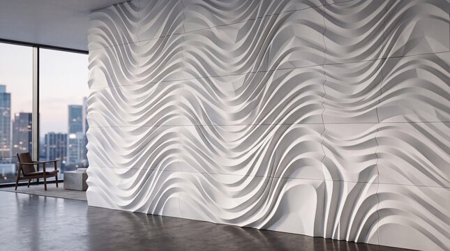 Modern Interior with White 3D Wave Textured Wall