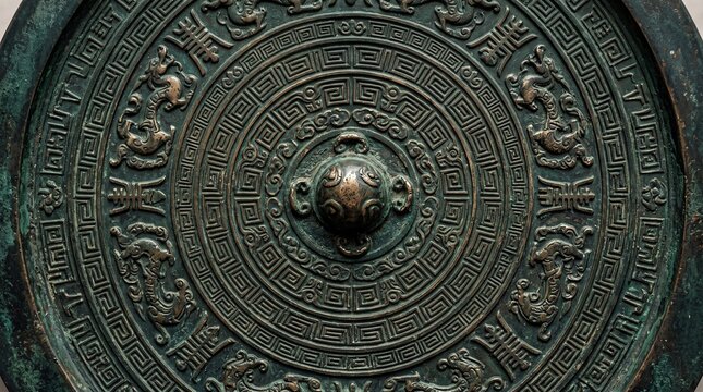 Antique Chinese Bronze Mirror with Intricate Carved Patterns