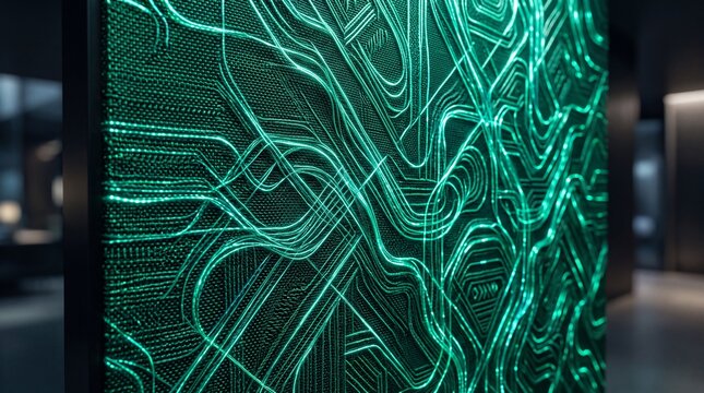 Glowing Green Digital Circuit Pattern on Wall Panel