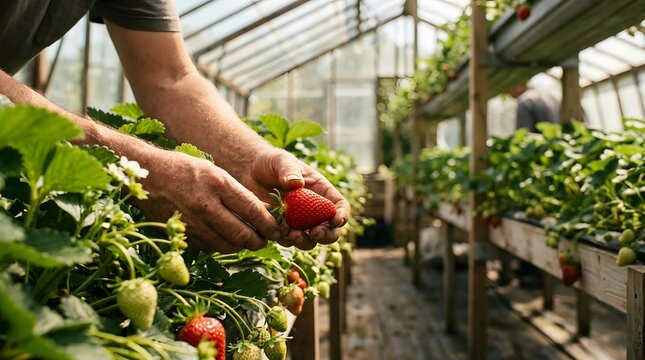 A farmer picking fresh, ripe strawberries in a lush greenhouse.