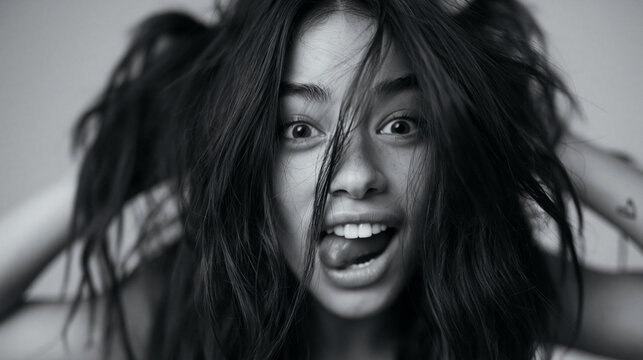 Playful Young Woman Making Funny Face with Messy Hair