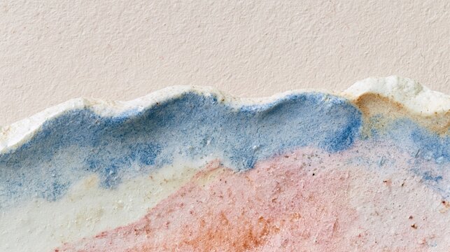 Handmade ceramic artwork with organic blue and pink glazing resembling sea waves and an abstract coastal landscape