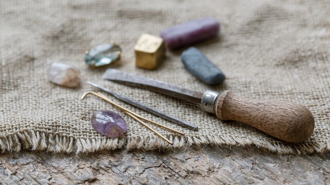 Traditional jewelry making tools and colorful gemstones arranged on rustic linen and weathered wood