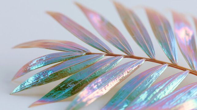 Iridescent metallic botanical leaves shimmering in pastel pink, turquoise and blue tones on a minimal background