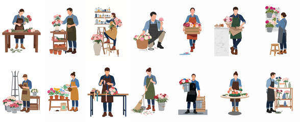Fototapeta premium A diverse set of florist characters working in a flower shop, arranging bouquets, caring for plants, and performing various floral business activities.