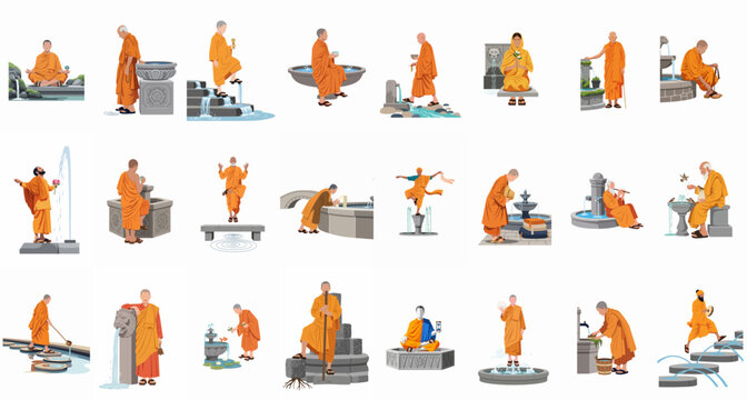 A collection of illustrations featuring Buddhist monks in traditional orange robes interacting with water in various peaceful poses and settings.