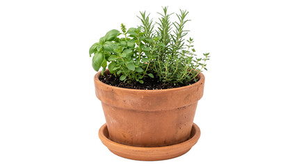 Fototapeta premium Assortment of Fresh Culinary Herbs Growing in a Terracotta Pot PNG Isolated on transparent background