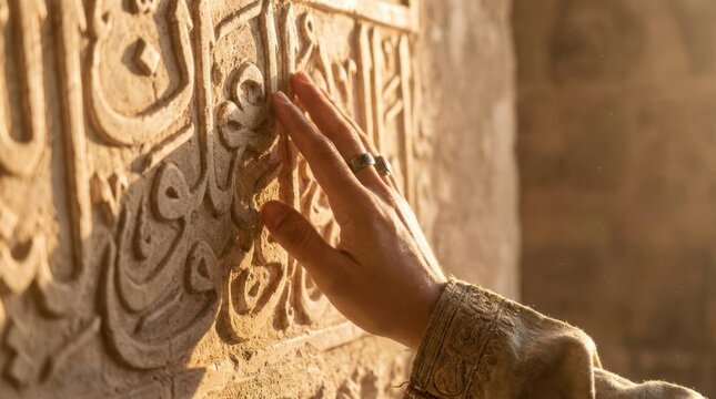 Hand touching ancient Arabic calligraphy carved into stone wall.