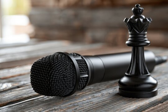 Black king chess piece standing next to a microphone on rustic wooden surface symbolizing strategic communication and leadership in public speaking contexts