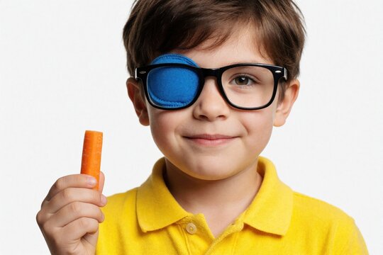 Young boy wears glasses and eye patch for vision treatment, holds carrot. Happy child recovers from amblyopia or strabismus, smiles for eyesight checkup. Healthy childhood fun.