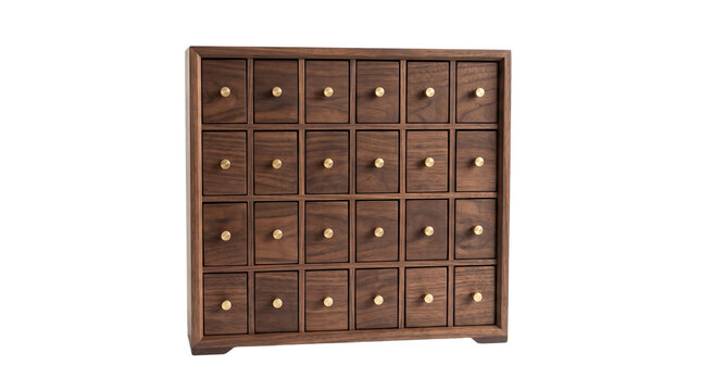 Wooden cabinet with 24 small drawers and brass knobs PNG Isolated on transparent background