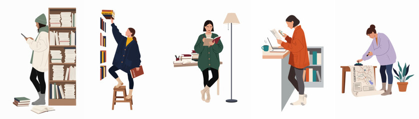 Fototapeta premium Minimalist flat illustration set of young women reading, studying, and working with books in various indoor settings.